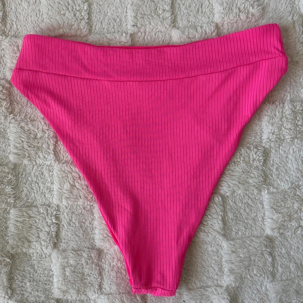 Neon Pink Ribbed Bikini Set High Waisted Two Piece Swimsuit Size M